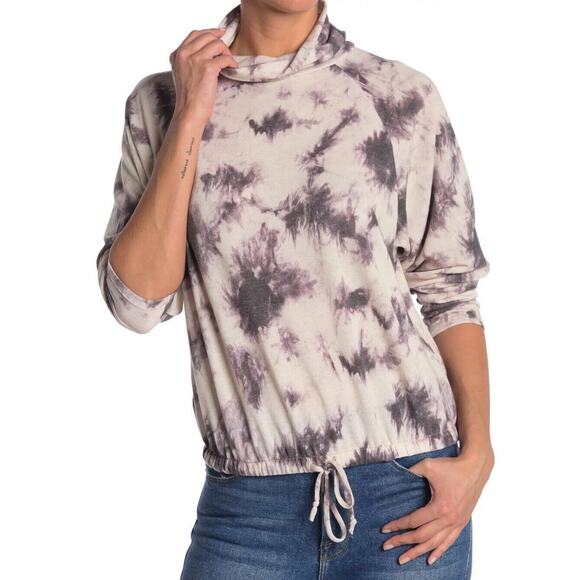 Lush Mock Neck Long Raglan Sleeve Top Sweatshirt Gray Stone Tie Dye Small NEW - Picture 1 of 12
